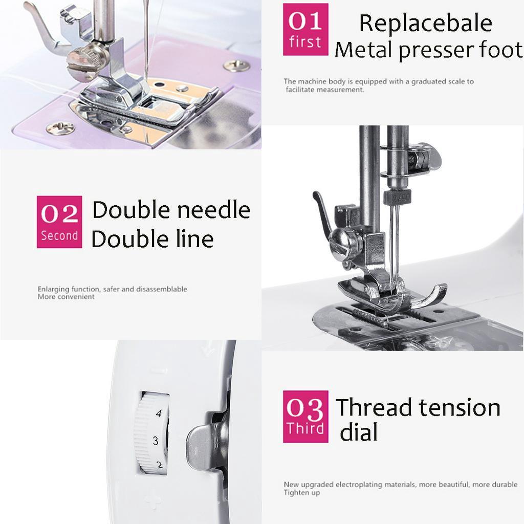12 Stitches Mini Electric Sewing Double Needle Machine 110-220V Adjustable Desktop Household LED Light Foot Pedal Home Learners Beginners