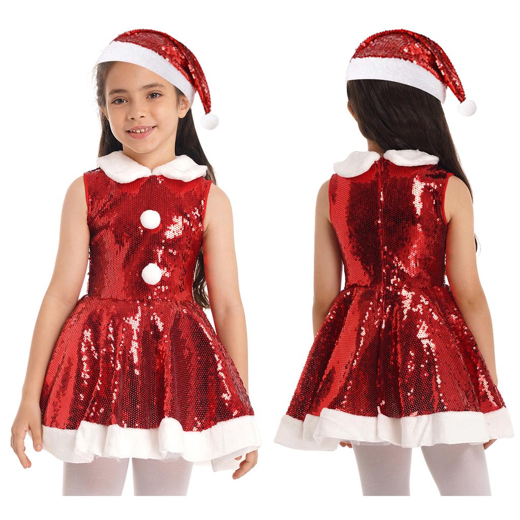 Kids Girls Christmas Party Dance Performance Costume Sleeveless Sequins Dress with Hat Set