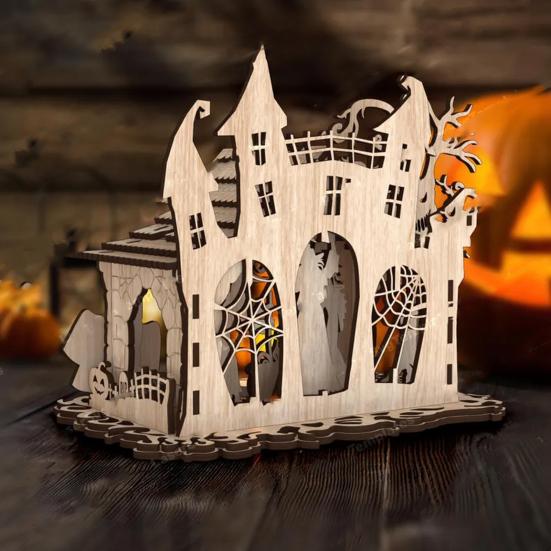 Halloween Candle Holder Spooky Wooden Witch Ghost House Candlestick Decoration for Home Indoor Party Decor