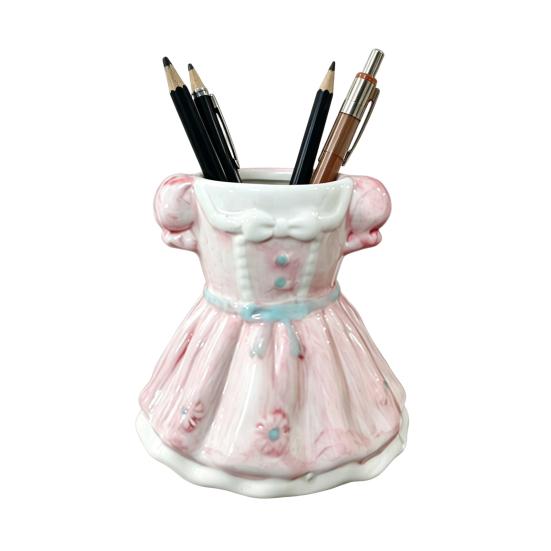 Bow Dress Pencil Cup, Ceramic Desk Organizer, Cute Makeup Brush Holder for Girls Room, Office Gift for Women