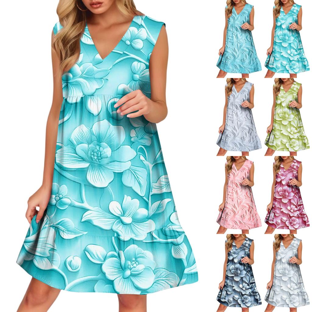 Women's Casual Fashion Breathable V-neck Vest With Pockets Floral Holiday Dress