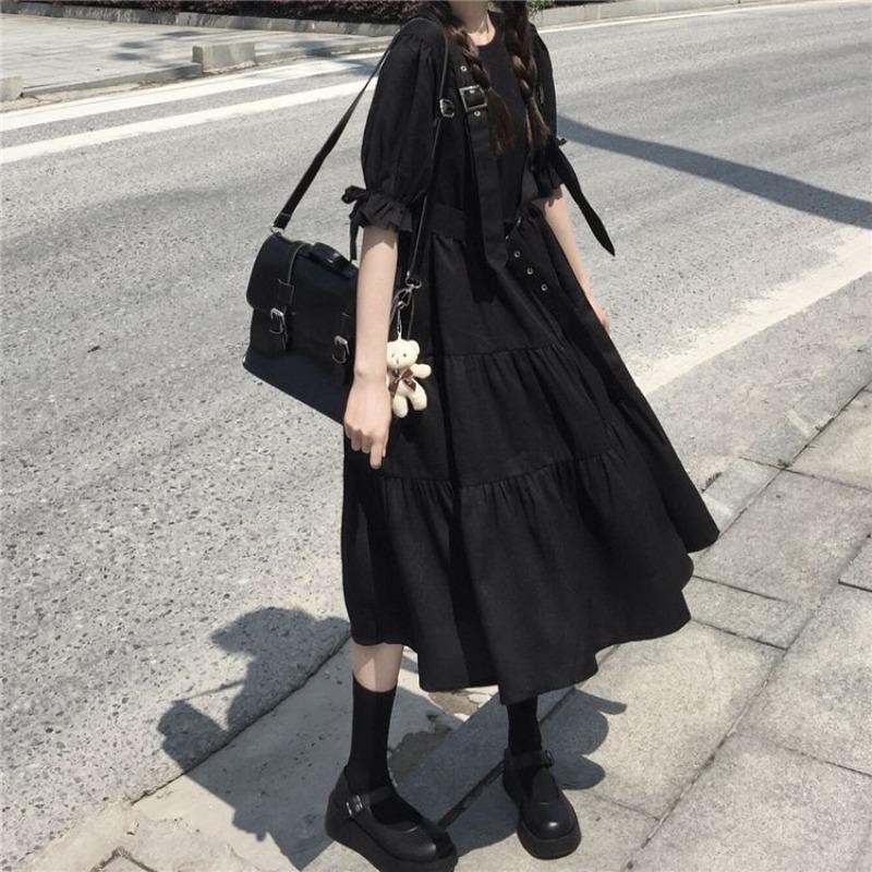 Платье в готическом стиле, женское платье Harajuku, готическое платье Лолиты Kawaii, милое черное платье миди с длинными рукавами в стиле панк, 2023, Emo Mall Goth