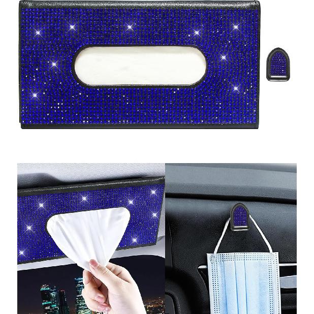 Bling Car Sun Visor Tissue Box Holder,PU Leather With Bling Crystal Rhinestones Tissue Holder,Car Accessories For Women (Blue)