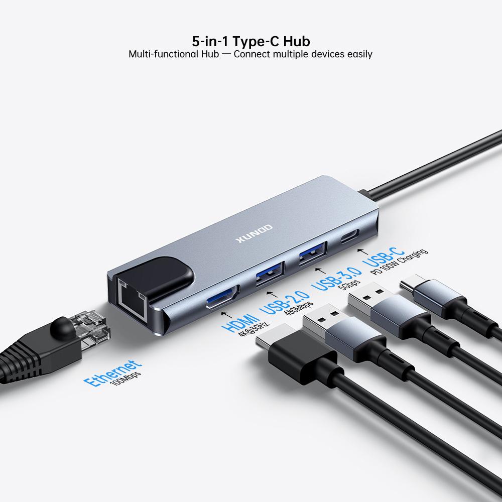 XUNDD XDDC-070 Multi-Port Adapter 5 in 1 USB-C Hub with 4K HD / Ethernet / PD Charging Ports