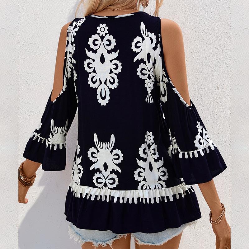 YYFS Женские винтажные модные повседневные летние весенние блузки и рубашки с круглым вырезом с геометрическим принтом и рукавами 3/4