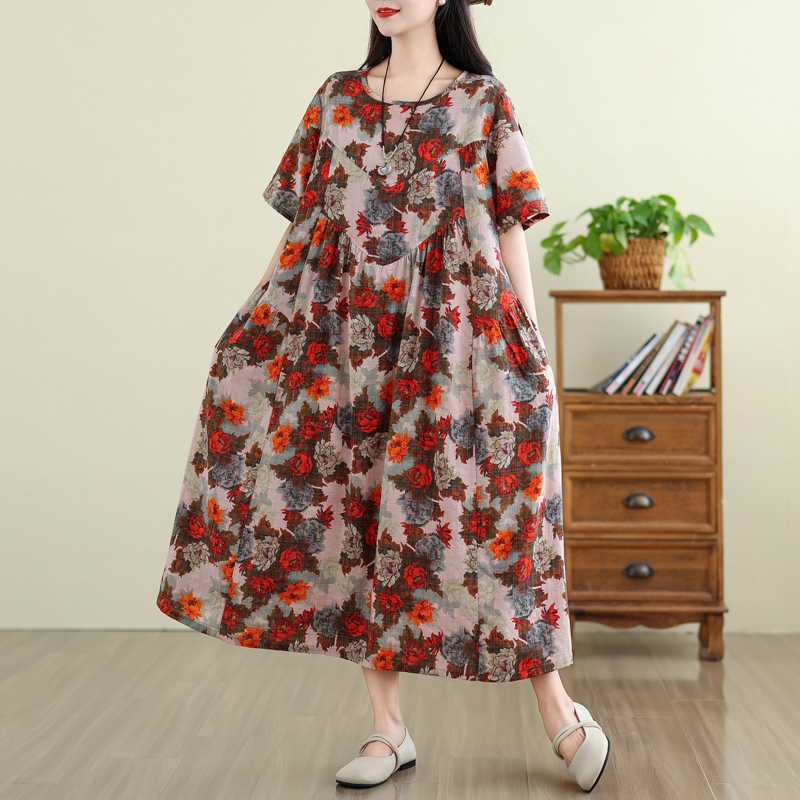 Платье в стиле ретро из хлопка и льна с круглым вырезом и короткими рукавами, женская свободная юбка