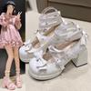 Small Leather Shoes Bow Cute Mary Jane Shoes 2025 New Loli Women Sweet Lace Edge Thick Heel Buckle Leather Shoes