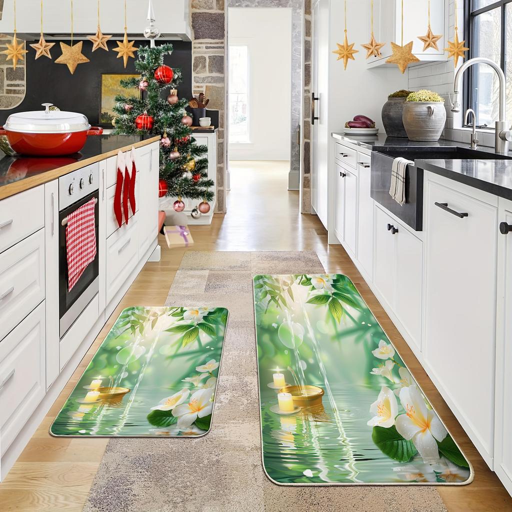 1 шт. анти-усталостные кухонные коврики, цветочный принт на берегу озера, водонепроницаемый нескользящий толстый мягкий кухонный коврик, прочный, удобный стоячий коврик для кухни