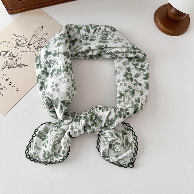 70% Cotton Linen Small Square Silk Scarf - Korean Style Floral Design for Versatile Neckwear and Decorative Use