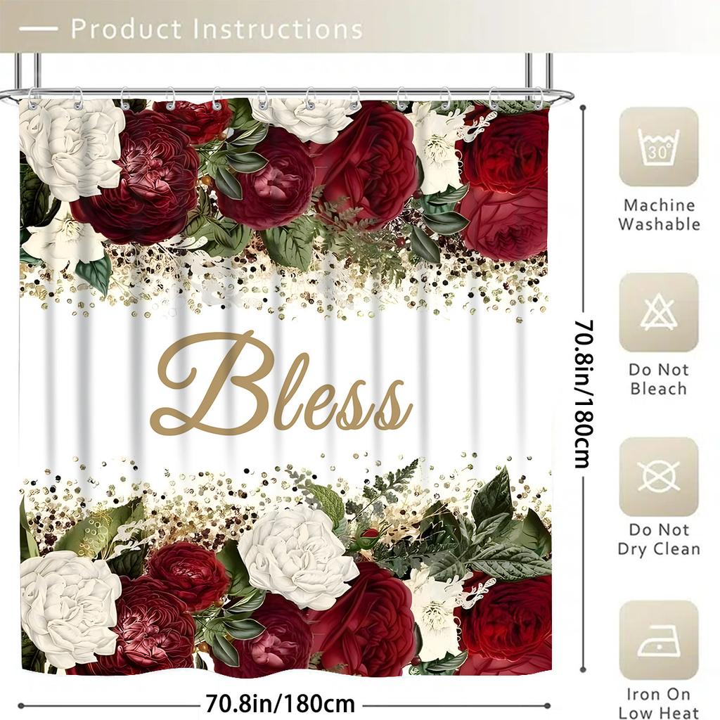4 шт. Водонепроницаемая шторка для душа с принтом Rose Blessing и 12 крючками, Нескользящий коврик для ванной, U-образный коврик для туалета, Накладка на крышку унитаза