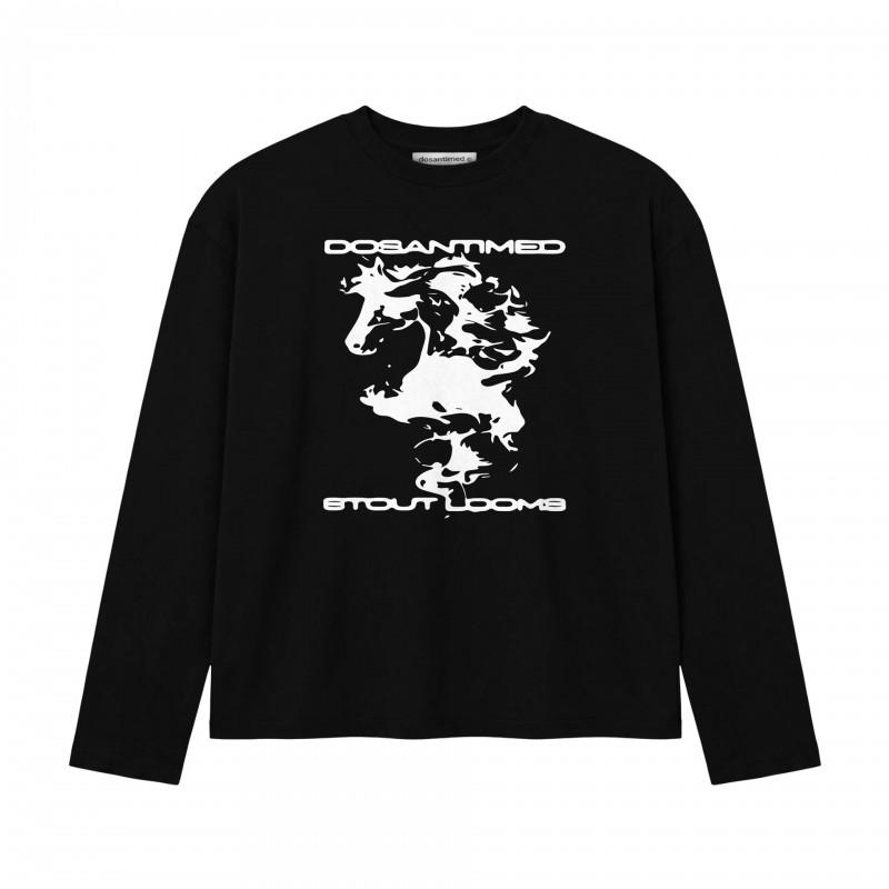 Unisex Loose Fit Long Sleeve Tee With Abstract Horse Print - Breathable Cotton Blend Round Neck Casual Streetwear