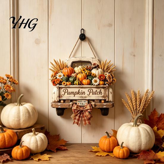 Thanksgiving Farmhouse Wall Decoration Harvest Pumpkin Truck Hanging Sign for Front Door, Wooden Fall Door with Decorative Holiday Plaque Hemp