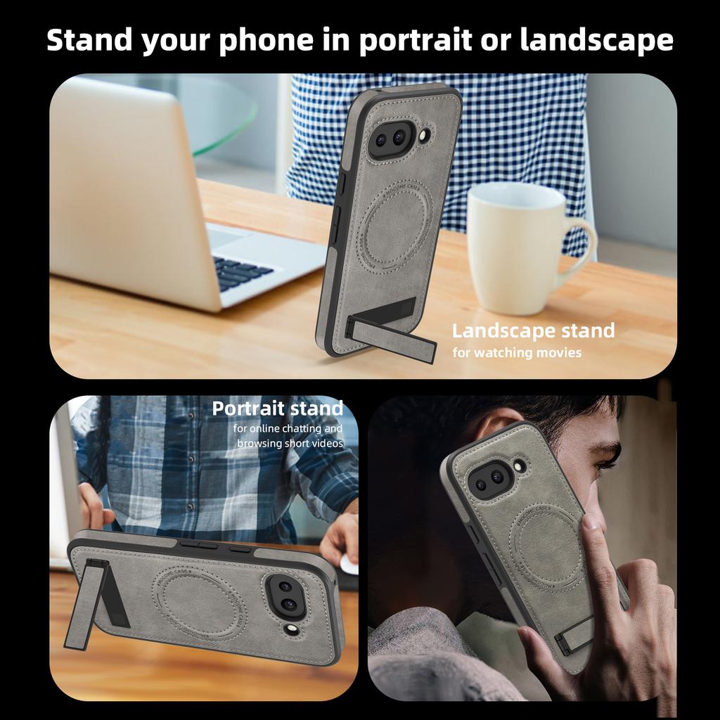 Для чехла Google Pixel 9a, совместимого с MagSafe, с подставкой, кожаная задняя крышка для телефона