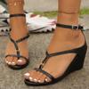 Модные французские темпераментные сандалии на покатом каблуке женские летние 2024 года с квадратным носком и клипсой на носке черные сексуальные туфли на высоком каблуке в римском стиле Zapatos Mujer