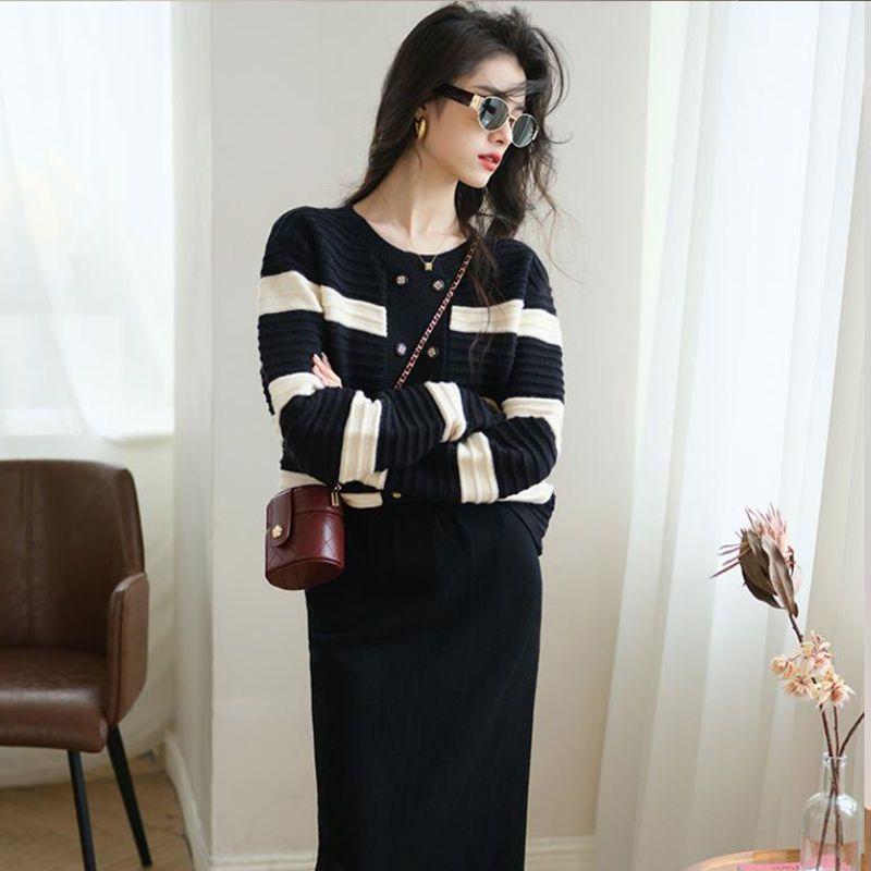 Полосатый французский стиль, маленький ароматный вязаный кардиган, женский свитер, осень 2023, новый милый кардиган с длинными рукавами, свитер, верхнее пальто