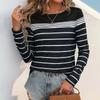 Черная полосатая футболка, женская повседневная футболка с длинными рукавами и круглым вырезом, пуловер для поездок на работу, простая свободная футболка, новая мода на осень