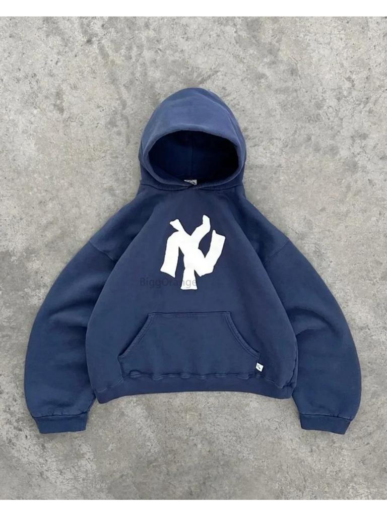 ZYLLO Харадзюку Ретро Новая Печать Цветок Раскрывающийся Свитер С Капюшоном Y2K Уличный Хип-Хоп Повседневный Свободный Свитшот Парный Топ