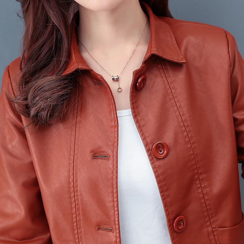 Leather Women's Short Style Plus Velvet Autumn and Winter Korean Version Is Thin and Versatile Lapel Motorcycle PU Leather Jacket Western Style Jacket