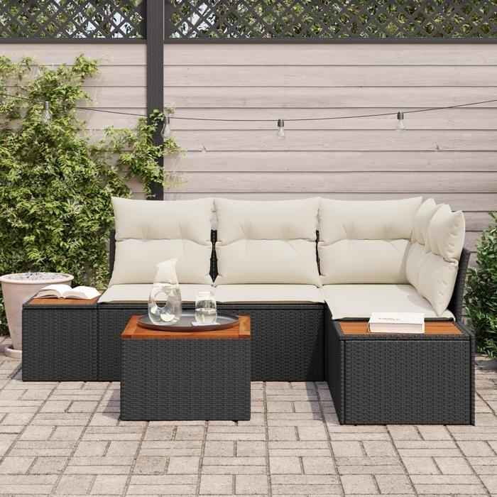 VidaXL Ensemble de 5 canapés de jardin avec coussins noirs en rattan PE et acacia 3348078