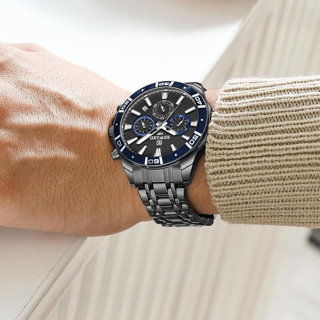 Mens Chronograph Watch Stainless Steel Waterproof Luminous Quartz Wristwatch with Date Window