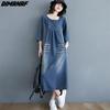 Women 2023 New Summer Dress Denim Long Sleeve Dress Elegant Loose Blue Basic O-Neck Dresses