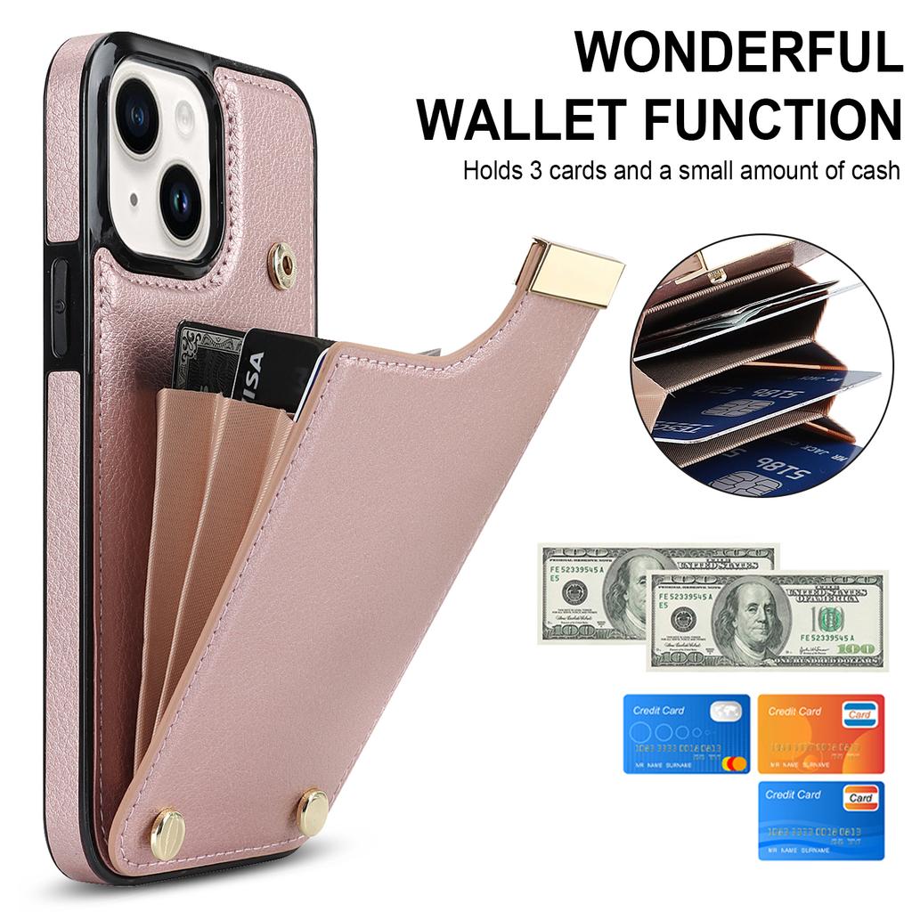 For iPhone 15 Plus Anti-Shock Case TPU+PU Leather+Metal Phone Cover with Card Holder