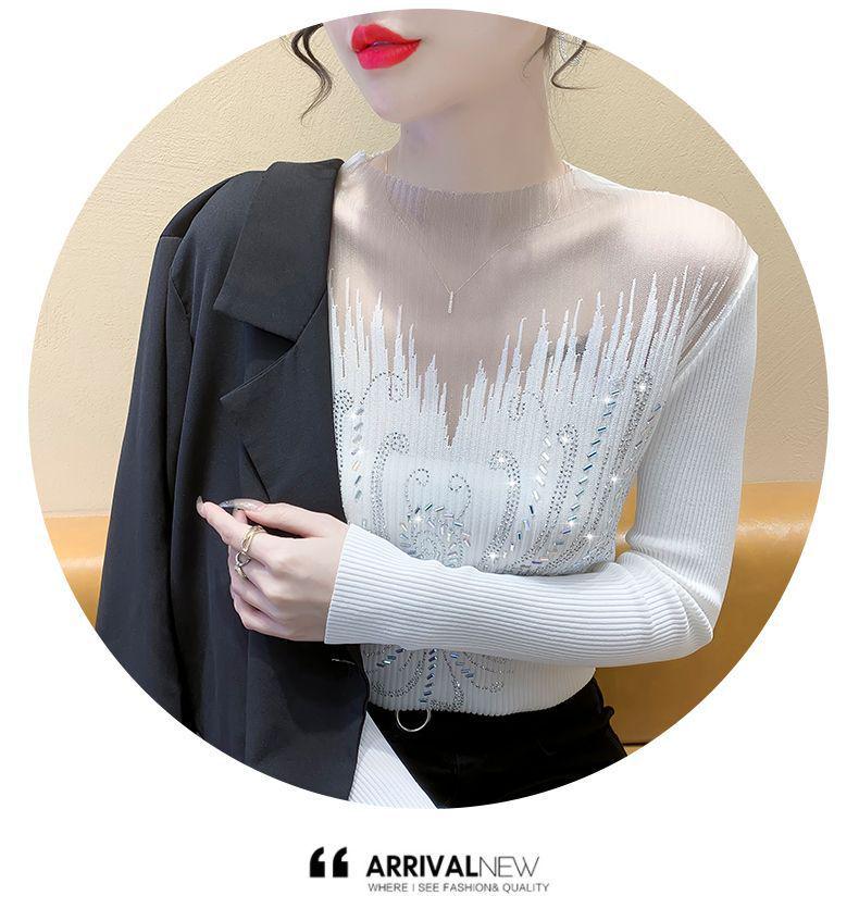 Элегантный сетчатый свитер со стразами - Женский универсальный шикарный топ с длинным рукавом