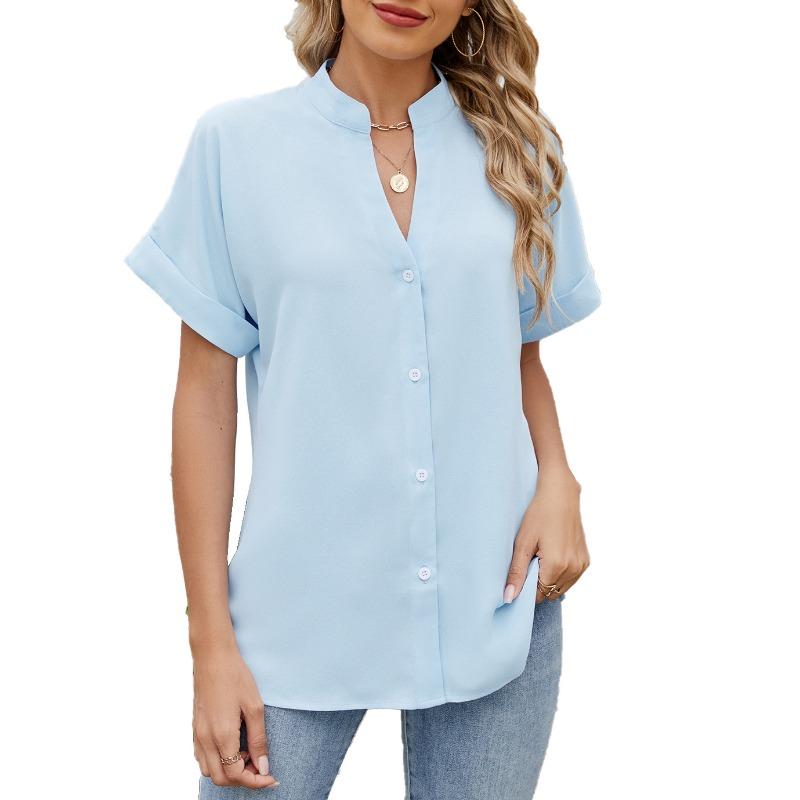 Женская однотонная рубашка свободного кроя с V-образным вырезом и короткими рукавами, застегивающаяся на пуговицы, шифоновая блузка весна/лето