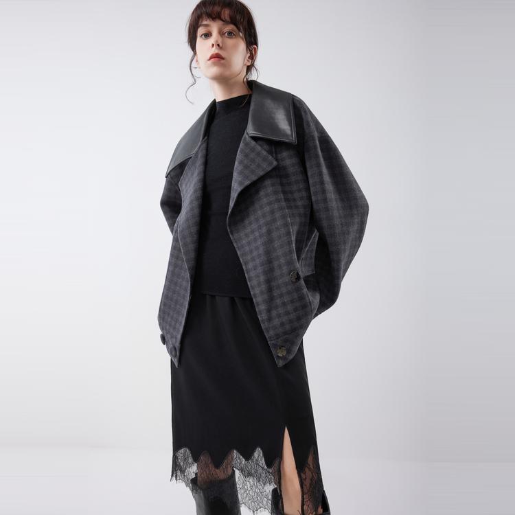 ELLE French Plaid Spliced Fashion Design Sheepskin Casual Loose Versatile Long Sleeve Double-Sided Wool Coat Women coats EN52470