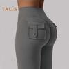 Женские штаны для йоги, однотонные облегающие расклешенные брюки с карманами, тонкие эластичные брюки в стиле карго, сексуальные длинные брюки с рюшами