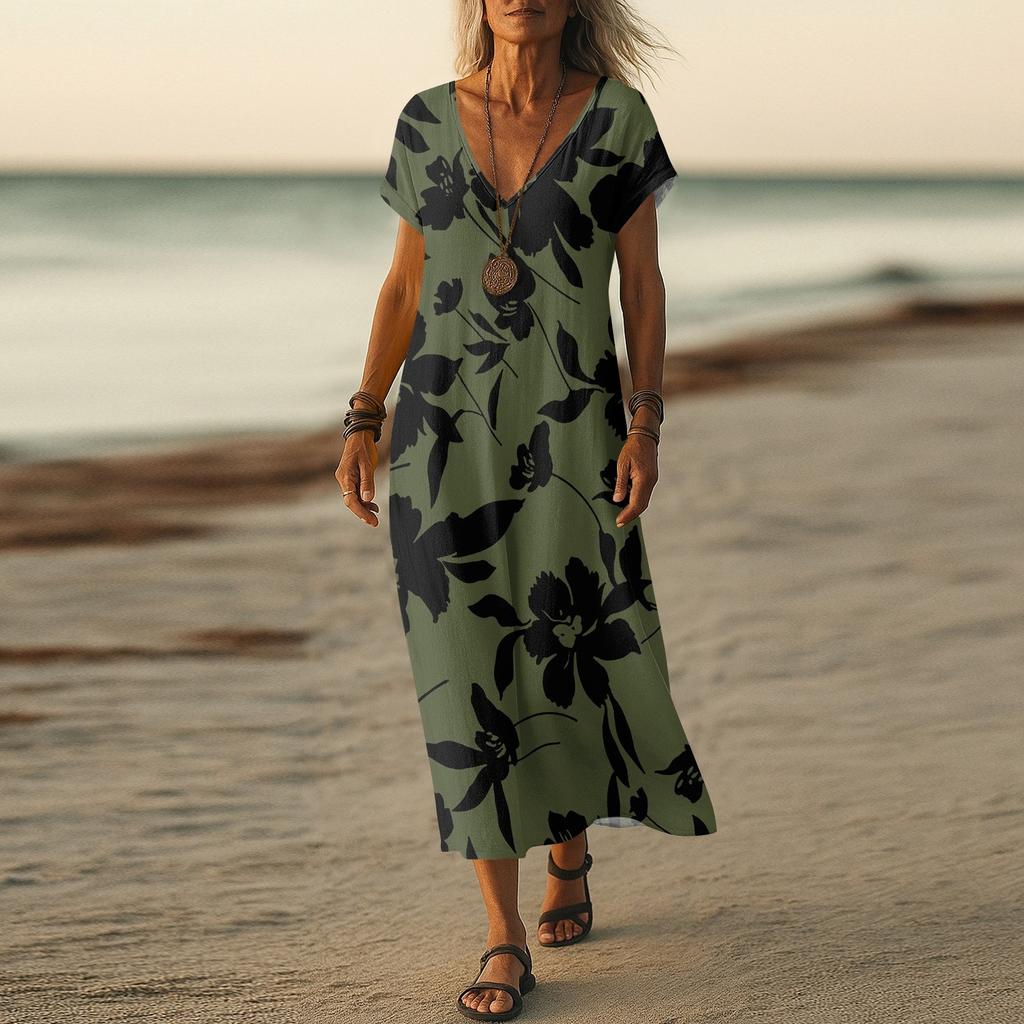 Летнее платье Женское длинное платье бохо для пляжа Элегантное платье макси V-образный вырез Короткий рукав Летнее платье-туника Легкое воздушное