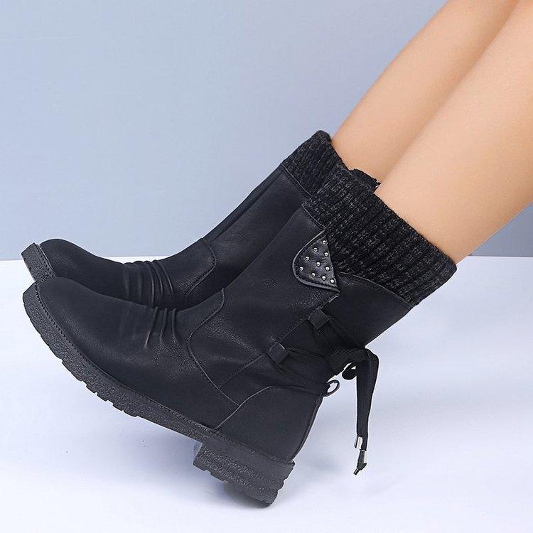 Women's Round Head Short Heel Tall Boots Side Zipper Breathable Boots