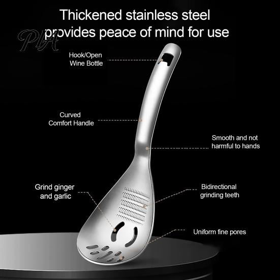 Compact Garlic Ginger Mincer Stainless Steel Slotted Spoon with Bottle Opener & Grater, Fine Tooth Dishwasher Safe Kitchen Tool Manual Grinder