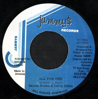 7-дюймовая пластинка DENNIS BROWN & LEROY SIBBLES - All For One НИКАКОЙ Jammy's Records 1986 Ямайка Регги, Ска и Даб Б/У