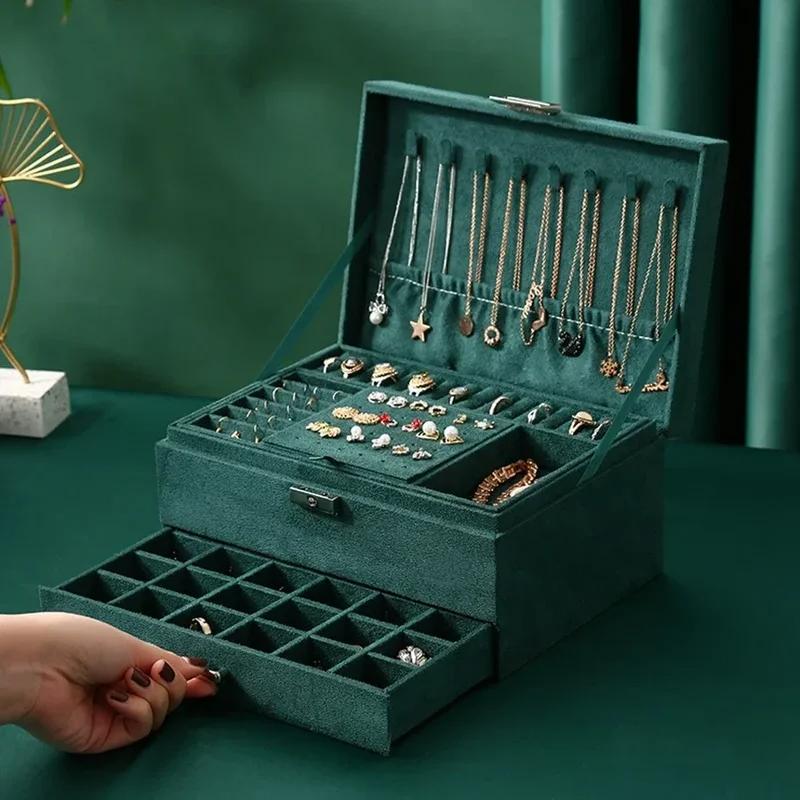 New 3-layers Green Velvet Jewelry Organizer Large Capacity Ring Necklace Makeup Holder Cases  Jewelry Box  for Women with Lock