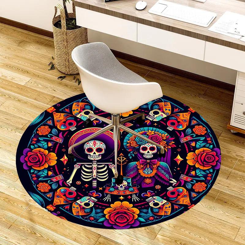 1pc Day of the Dead Celebration Round carpet, Made of Polyester,Perfect for Decorating Office Chairs, Living Rooms,Vibrant Decorative Rug