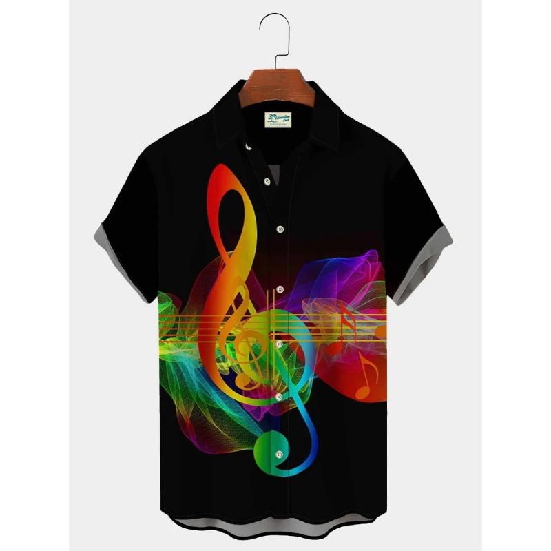 Men's Casual Shirt 3D Music Note Printed Hawaiian Men's Short Sleeve Lining