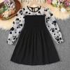 2024 Children Rose Printing Long Sleeved Black Dress Mesh Dresses Embroidered Princess Dress for Girls Kids Clothes