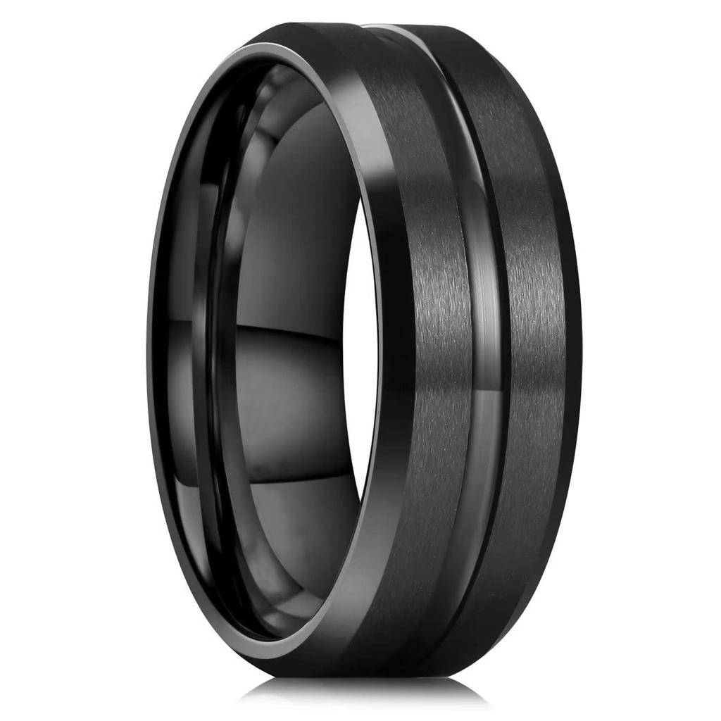 Fashion 8mm Black Brushed Titanium Stainless Steel Rings for Men Women Rose Gold Color Step Edge Men Rings Wedding Party Jewelry
