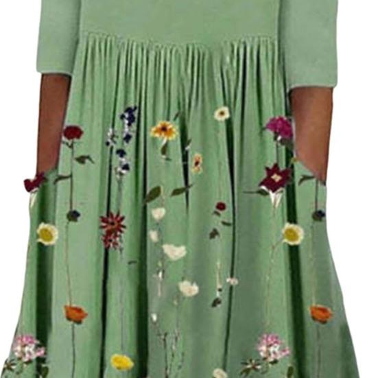 Yousheng Women's Summer Flowy Midi Dress Boho Floral Pleated Dress with Pockets Casual Half Sleeve Crew Neck Swing Dress
