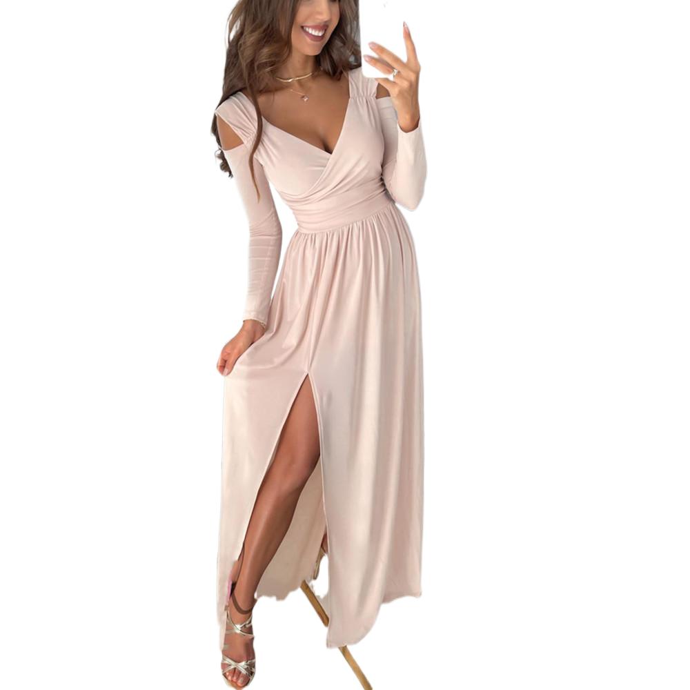 Women's Long Sleeve V Neck Festive Evening Dress with Long Slit