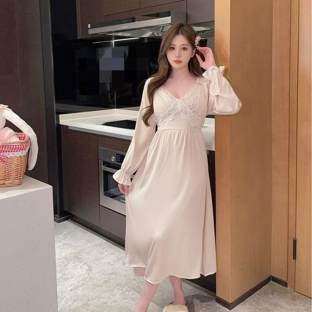 1011 spring and summer popular French pajamas women's ice silk sweet sexy lace pajamas loungewear long niche thin