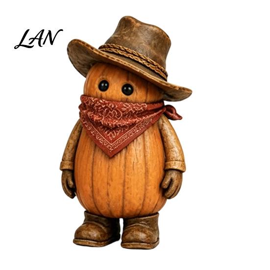 Cute Plastic Figurines 3PCS Western Cowboy Pumpkin Figurine, Retro Man Statues with Hat, Creative Desktop Ornaments Fall Thanksgiving Halloween