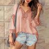 Women Tops V-Neck Embroidery Lace Trim Lace-up Long Sleeve Pullover Tops Solid Color Loose Fit Casual Style Shirt