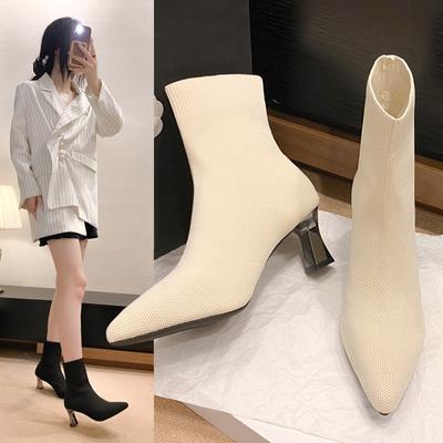 Осенне-зимние вязаные носки-сапоги больших размеров на высоком и тонком каблуке, эластичные женские сапоги