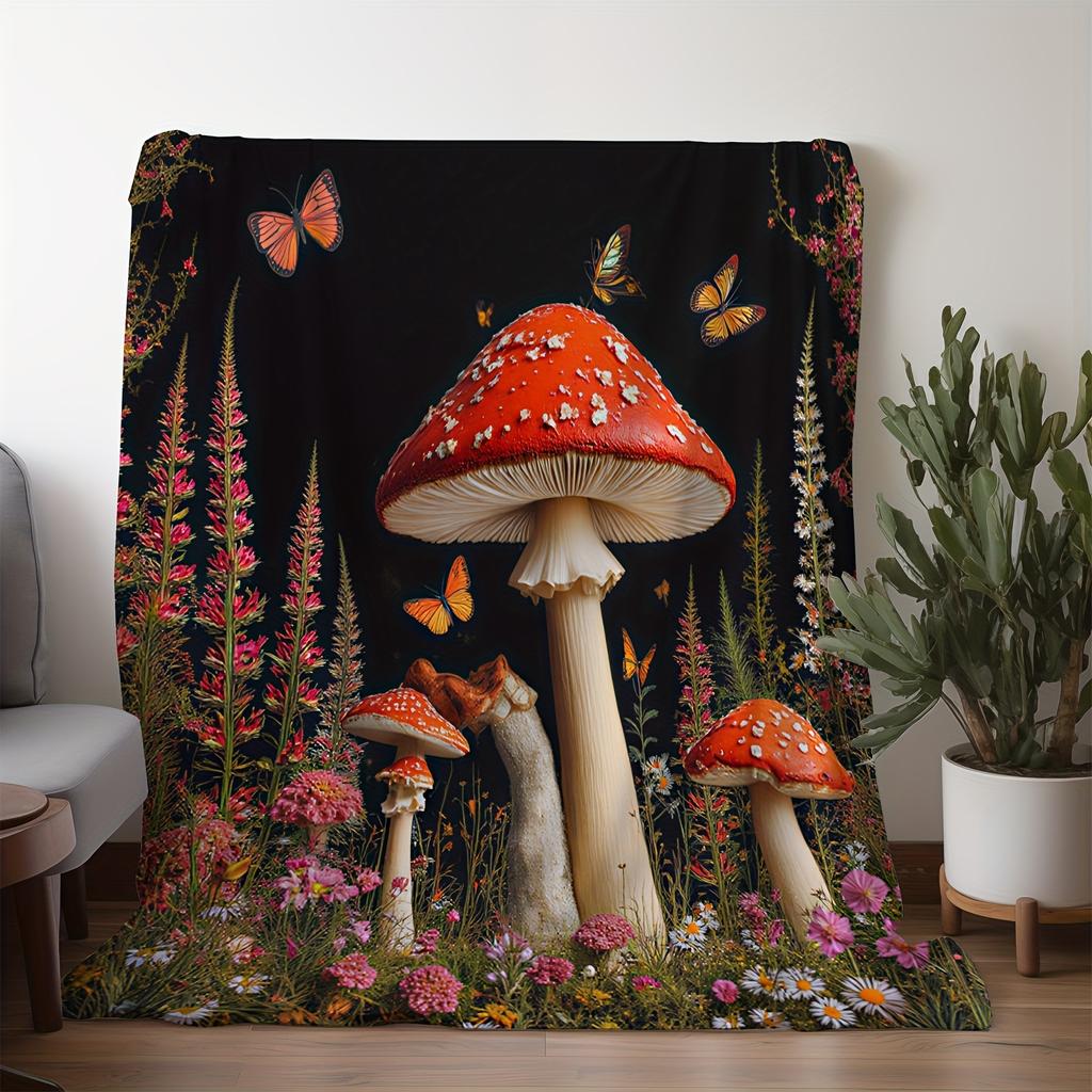 1pc Sdoo Flannel Blanket, Vibrant Mushroom and Floral Butterfly Print, Warm and Soft Polyester Throw for Sofa, Bed, Car, Office,