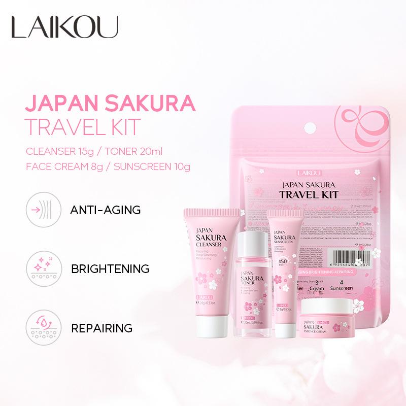 LAIKOU Дорожный набор Japan Sakura Skin Care 4 шт.: очищающее средство, тоник, крем, эссенция