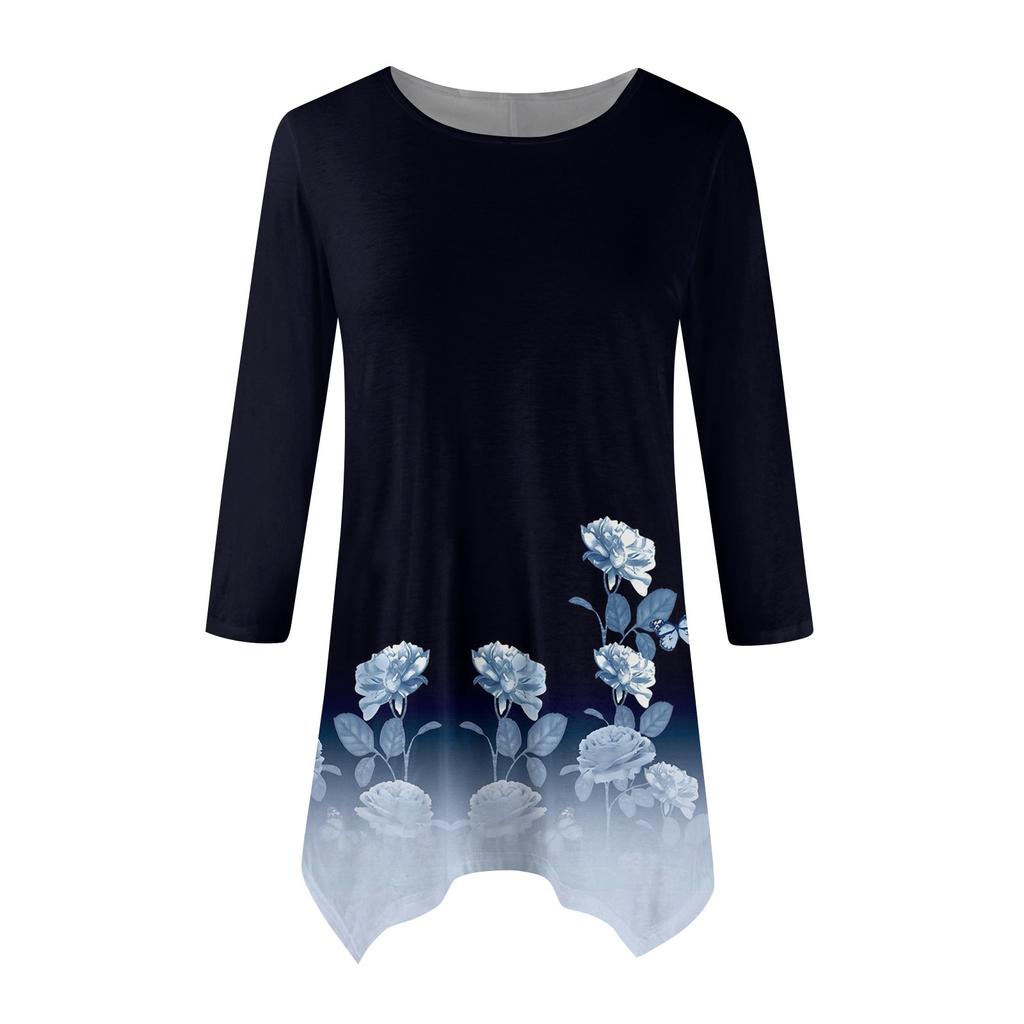 Женская модная повседневная рубашка с круглым вырезом и цветочным принтом, рукавами-семью, свободным удобным топом с поясом