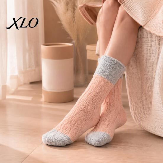 Winter Cold Feet Relief Thickened Long Plush Socks for Women, Warm Coral Fleece Socks, Calf Thermal Sleep Anti-static Contrast Color Indoor