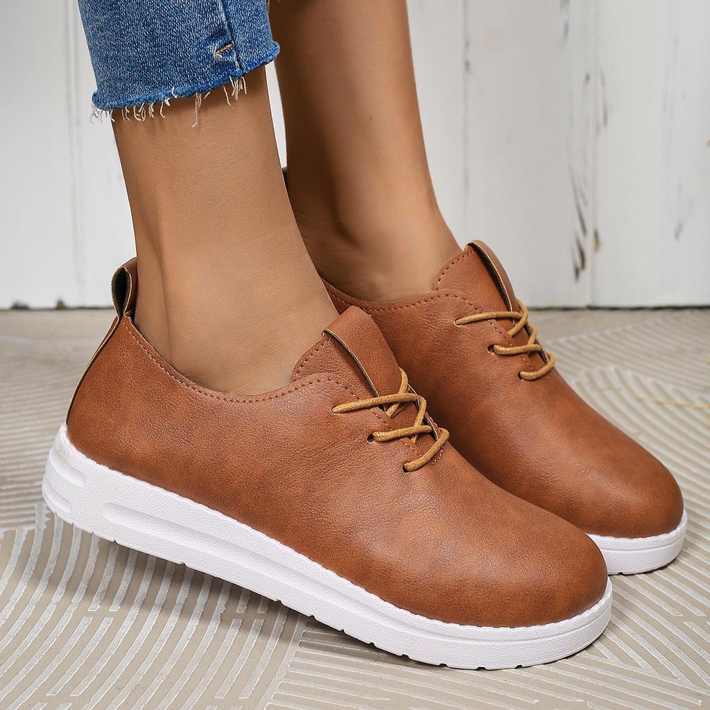 Fashion New Spring and Autumn Leather Women Shoes Solid Color Round Head Front Lace Up Comfortable Women's Casual Sneakers Size 36-42